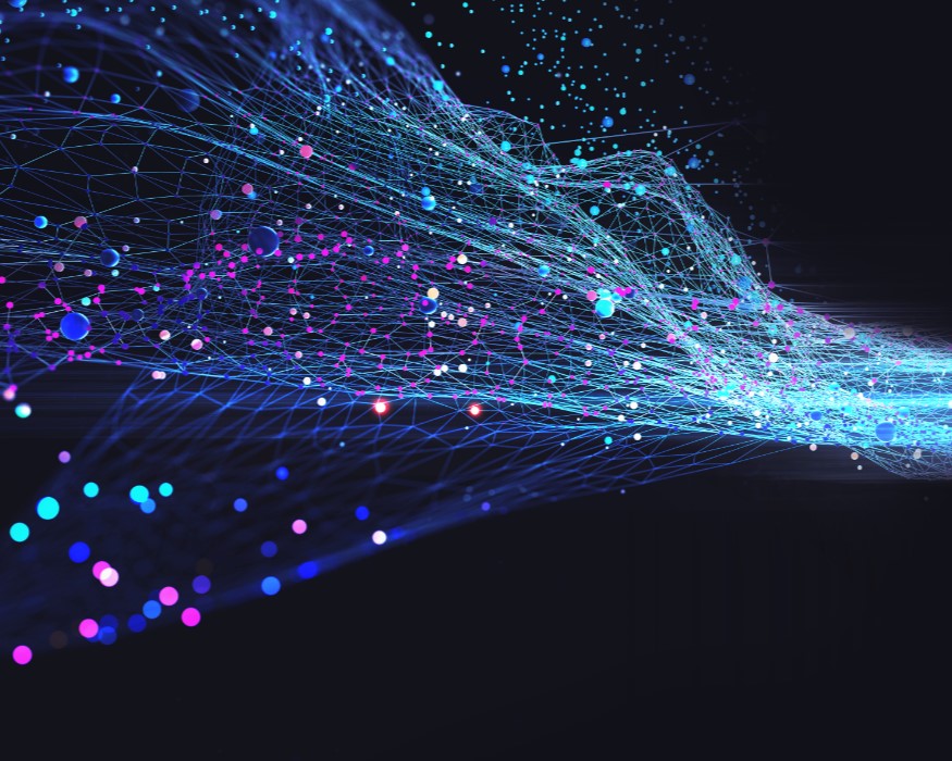 Abstract data strands converging into a flowing network