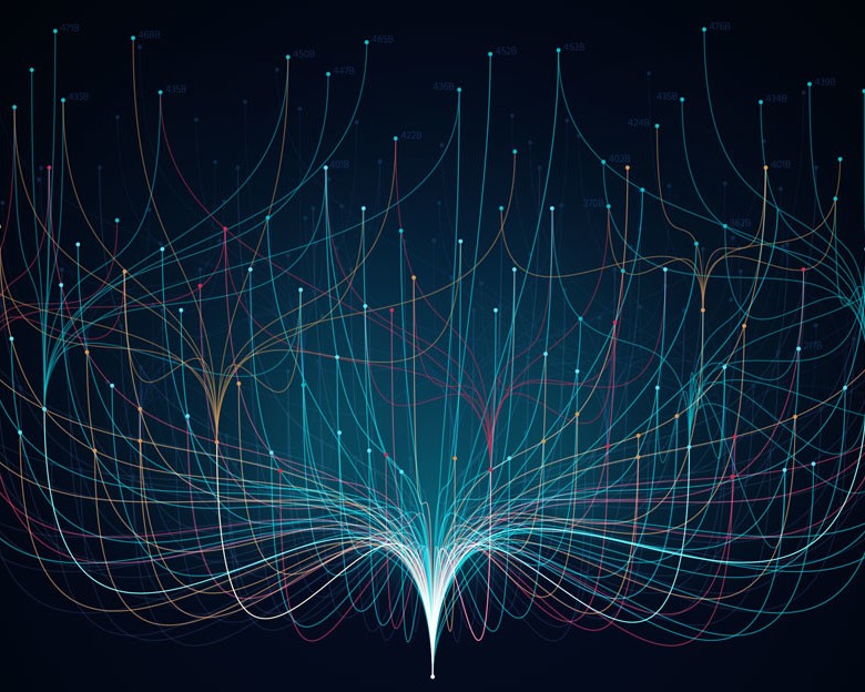 Abstract luminous strands forming an interconnected network